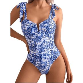 WDIRARA Women's Floral Print One Piece Swimwear Sleeveless V Wire Swimsuit Tie Shoulder Bathing Suits