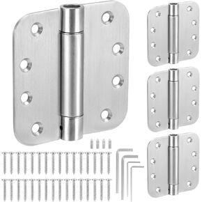 QWORK Self Closing Door Hinge, 4 Pack 4 Inch 304 Stainless Steel Spring Hinge with 5/8'' Radius Corners, for Left/Right Hand Garage, Front, Back Doors