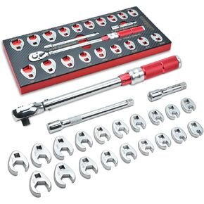 LainKeen 3/8" Drive Crows Foot Wrench Set Tool, 22 PCS Flare Nut Crowfoot Wrench Set with 3/8" Torque Wrench, Metric & SAE, 10-22mm & 5/16"-7/8", Crows Feet Wrench Set with 2 Extension Bars, EVA Foam