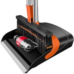 Broom and Dustpan Set for Home and Office, Upright Standing Dustpan with Short Handle Broom, Indoor & Outdoor Sweeping Combo (Black & Orange)
