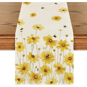Artoid Mode Yellow Flowers Daisy Bees Summer Table Runner, Seasonal Easter Fall Holiday Kitchen Dining Table Decoration for Home Party Indoor 13x72 Inch