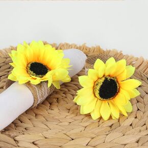 Sunflower Napkin Rings Set of 6, Farmhouse Handmade Flower Lace Linen Buckle Holder for Wedding, Holiday, Fall Harvest Thanksgiving Home Party
