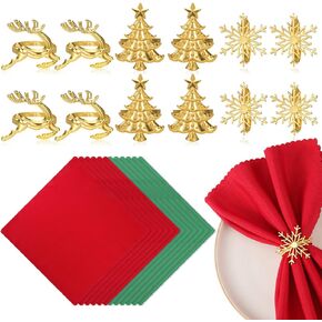 Layhit 24 Pcs Christmas Napkins and Ring Set 12 Pcs Christmas Napkins Cloth 12 Pcs Napkin Holder Rings Xmas Dinner Napkins Set for Christmas Holiday Dinner Party(Noble Style, Red Green)