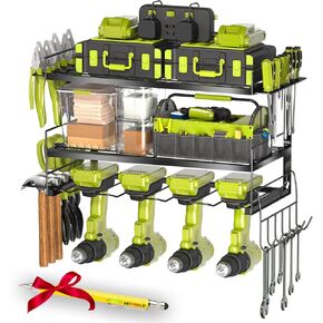 Gifts for Men Dad Husband Him, Power Tool Organizer Wall Mount, 4 Drill Modular Tool Storage Shelf with Hooks, Drill Holder for Garage Organization, Cool Anniversary Birthday Gifts for Men Women