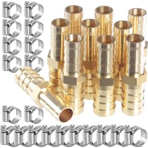 Brass Hose Barb Reducer 1/2" (12mm) to 3/8" (10mm) Splicer Mender Reducing Barb with Stainless Steel Pipe Clamps air Hose Repair kit for Pipe Line/Fuel/Air (10 Pcs)