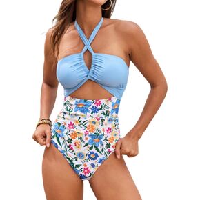 Tainehs Women's Tummy Control Bathing Suits Ruched High Waisted One Piece Swimsuit Halter Low Back Swimwear