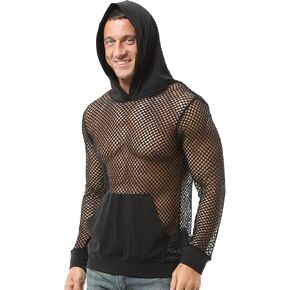 Aivtalk Men’s Mesh Fishnet Hoodie Long Sleeves Crop Top See Through Pullover Sweatshirt Workout Tank Tops with Pockets