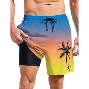 Lzzidou Men Swim Trunks with Compresssion Liner 7 Inch Inseam Board Shorts Bathing Suit with Zipper Pockets