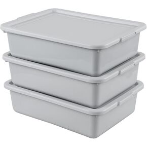 13 L Plastic Bus Tub with Lid, 3-Pack Plastic Restaurant Dish Tub, Gray