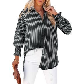 Blue Striped Button Down Shirt Women Colorblock Oversized Y2k Button Down Shirts Boyfriends Casual Loose Puff Fall Sleeve Shirts Business Work Tunic Top for Leggings Wrinkle Free Interview Tops Office