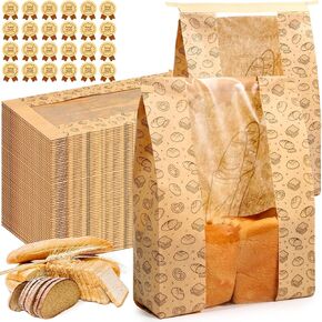 150 Pack Paper Bread Bags for Homemade Bread kraft Sourdough Bread Bags with Clear Window 13.7 x 8.2 x 3.5 Large Bakery Bag for Treat Packaging Storage Gift Giving with Seal Sticker(Wire)