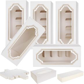 50 Pack Macaron Boxes for 5 to 6 Macaron Container with Clear Display Window & Insert Base White Macaron Packaging for Mini Cupcakes Cookies Donuts Chocolate Candy (Please Confirm Size Detail)