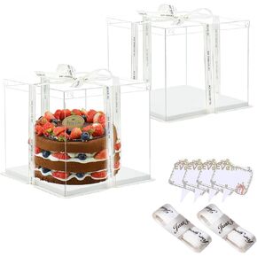 Clear Cake Box, 2 Pcs Transparent Cake Carrier Box with Lids, 8'' PET Cake Packaging Boxes with Ribbon Gift Card for Pastries, Clear Gift Boxes for Birthday, Wedding and Festival Party, White.