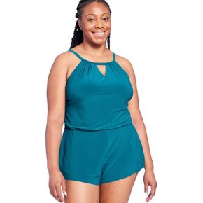Aqua Green Women's UPF 50 High Neck Swim Romper with Pockets One Piece Swimsuit (US, Numeric, 17, Regular, Regular, Teal Green)