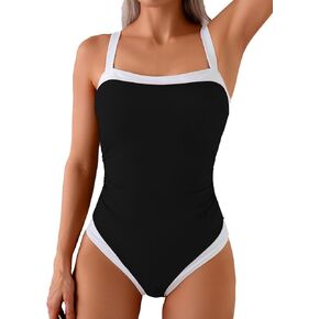 Women's One Piece Swimsuits Color Block Tummy Control Swimwear Adjustable Strap Bathing Suit