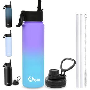Akyta 24 Oz Water Bottle, Sports Water Bottle with Straw Lid, Vacuum-Insulated Stainless-Steel, Double-walled Thermos Water Bottle for Hiking Biking (24 OZ, Purple Blue)