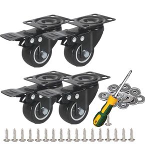 4 Pack 2.5"" Casters Heavy Duty Wheels with Screws & Tool, Swivel Casters with Brake, Locking Casters No Noise Polyurethane Castors Wheels for Cart and Furniture Black 4Pcs