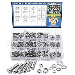 525pcs M4 M5 M6 Bolts Nuts Assortment Kit, Hex Head, 304 Stainless Steel, with Lock Washers and Flat Washers Assortment Kit