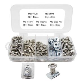 Silvery Screw Nut Kit for 2020 2028 Series Conner Bracket Connector,40Pcs M5x10,M5x8 Stainless Steel Hex Socket Button Screws Bolts,M5 Slide T Nut, M5 Drop in T Nut and Washers,Silvery Screw-Nut