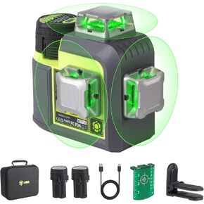 3D-RS12 Laser Level 3x360° Green Beam for Construction and Picture Hanging, Self-Leveling 3D Laser with 2 Rechargeable 4500mAh Batteries (24 Hrs), Magnetic Liftable Stand, Type-C Cable