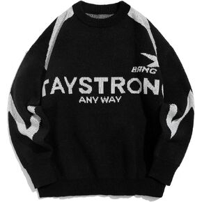 ZAFUL Men's College Pullover Sweater Letter Print Splicing Long Sleeves Motorcycle Unisex Casual Sweater Tops(0-Navy Blue Crewneck,S)