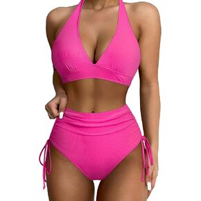 SUUKSESS Women Ribbed High Waist Bikini Sexy Drawstring Tummy Control Swimsuits