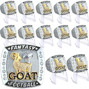 QUELAY 12 Pcs Goat Fantasy Football Championship Rings Greatest of All Time Gifts with Holder Gold Plated Award Championship Trophy Rings for Tournament or League Champion Winner Gifts