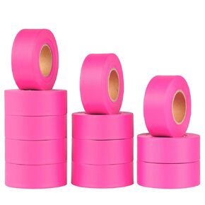 12 Pack Fluorescent Pink Flagging Tape, Non-Adhesive Plastic Ribbon Neon Marking Roll, Caution Tape,Tree Marking Tape Hunting Trail Tape, 1-3/16 in. x 150 ft,3.35 Mil
