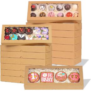 24pcs 12x5x1.5 Inch Borwn Cookies Boxes. with Window Bakery Boxes Macaron Boxes Chocolate Truffle Boxes Donut Treat Boxes Cakesickle Boxes for Christmas Valentine's Easter Mother's Day