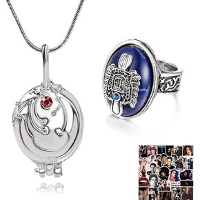 12 pcs The Vampire Jewelry Elena Gilbert Opening Vervain Locket Pendant Necklace Daylight Walking Signet Damon's Ring Jewelry Sticker Set Cosplay for Fans