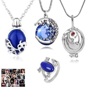 14 pcs The Vampire Jewelry with Sticker Daywalking Katherine Sapphire Elena Gilbert Opening Vervain Locket Galaxy & Crescent Cosmic Moon Pendant Necklace Sapphire Crystal Daylight Ring