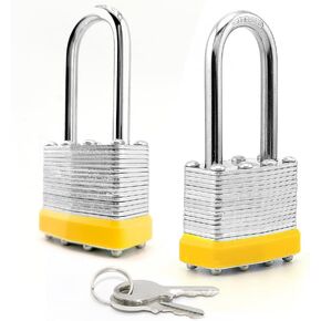 Lock Laminated keyed Padlock (1-9/16", 40mm), keyed Alike Locks, Long Shackle,Marked Yellow Plastic Hoop, Pack of 2