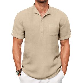 COOFANDY Mens Henley Short Sleeve Summer Linen Henley Shirt Short Sleeve Band Collar Shirt Beach Hippie Clothing Begie Light Khaki