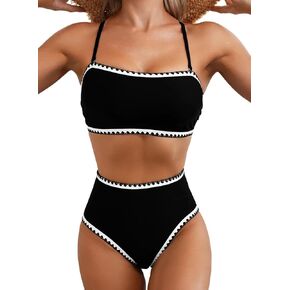 Herseas Women's 2 Pieces Bikini Color Block Whip Stitch Swimsuits 2025 Summer Off Shoulder High Waisted Bathing Suit