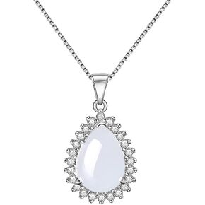 Harlorki Shiny Attractive 925 Silver Plated Chain Milk White Crystal Rhinestone Teardrop Shape Charm Pendant Necklace Fashion Costume Jewelry for Women Lady