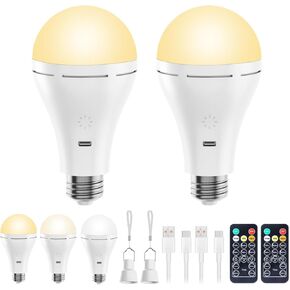 Brightown E26 Rechargeable Light Bulb with Remote and Timer, Battery Backup Bulb for Sconces and Lamps, Hanging LED Light Bulb with Hook for Camping Tent, Dimmable, 3 Color Temperatures, 2 Pack