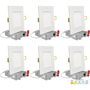 NUWATT 6 Pack 4 Inch Square Wafer LED Recessed Lighting, 5 CCT Selectable 2700K/3000K/3500K/4000K/5000K, 630 Lumens Dimmable, Wet & IC Rated Downlight, 4" Canless Square Lights, Diecast Aluminum J-Box