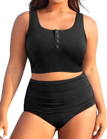 Plus Size 2 Piece Swimsuit - Womens High Waisted Bikini Tummy Control Bathing Suit Ribbed 2025 Swimwear in Kuwait