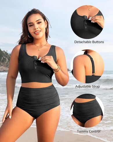 Plus Size 2 Piece Swimsuit - Womens High Waisted Bikini Tummy Control Bathing Suit Ribbed 2025 Swimwear in Kuwait