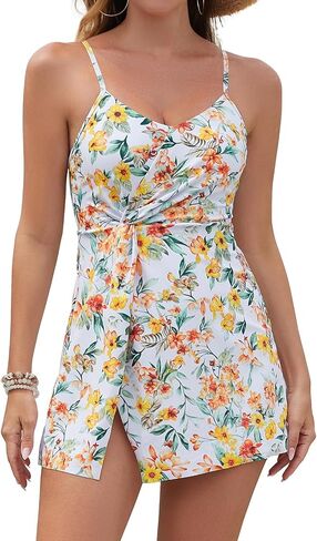 SHEKINI Women's V Neck Twist Ruched Swim Skirt Tummy Control One Piece Swimdress in Kuwait