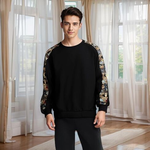 Men Embroidered Sweatshirt Patchwork Graphic Sweatshirts Vintage Streetwear Pullover Tops in Saudi Arabia