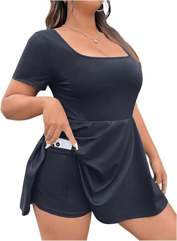 SOLY HUX Women's Plus Size Romper Square Neck Short Sleeve Ruffled Hem Short Jumpsuit with Pockets in Kuwait