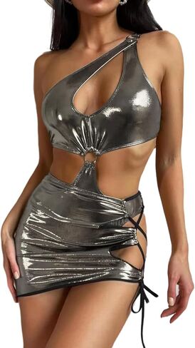 Women's Sexy One Shoulder Metallic Swimsuit 2 Piece O Ring Cutout Bodysuit Festival Outfit with Drawstring Mini Skirt in Saudi Arabia