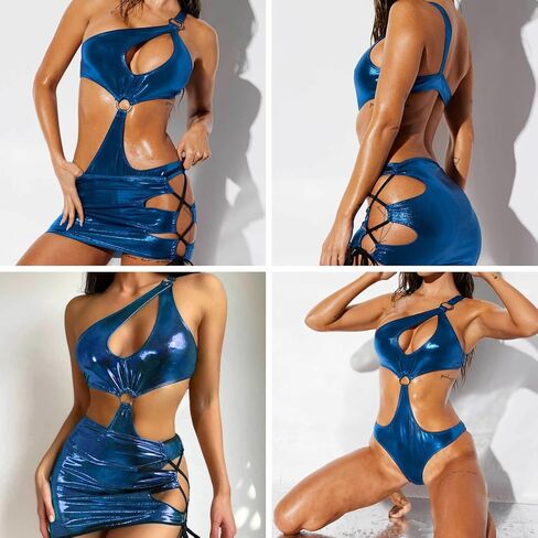 Women's Sexy One Shoulder Metallic Swimsuit 2 Piece O Ring Cutout Bodysuit Festival Outfit with Drawstring Mini Skirt in Saudi Arabia