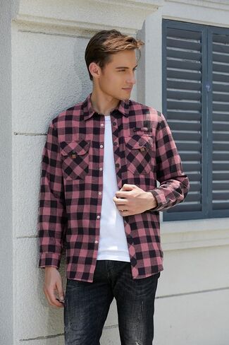 Cromoncent Mens Casual Flannel Shirts Long Sleeve Western Plaid Shirt with Double Chest Pockets,Orange Dark Gray,Large in Saudi Arabia