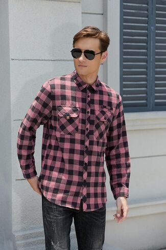 Cromoncent Mens Casual Flannel Shirts Long Sleeve Western Plaid Shirt with Double Chest Pockets,Orange Dark Gray,Large in Saudi Arabia