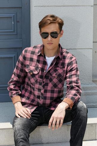 Cromoncent Mens Casual Flannel Shirts Long Sleeve Western Plaid Shirt with Double Chest Pockets,Orange Dark Gray,Large in Saudi Arabia