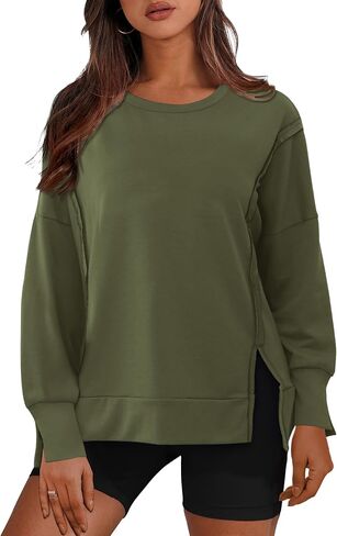Womens Crewnecks Sweatshirt Side Slit Long Sleeve Pullover Casual Fit Oversized Sweatshirts, S-XL in Saudi Arabia