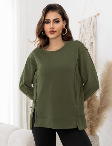 Womens Crewnecks Sweatshirt Side Slit Long Sleeve Pullover Casual Fit Oversized Sweatshirts, S-XL in Saudi Arabia