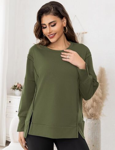 Womens Crewnecks Sweatshirt Side Slit Long Sleeve Pullover Casual Fit Oversized Sweatshirts, S-XL in Saudi Arabia